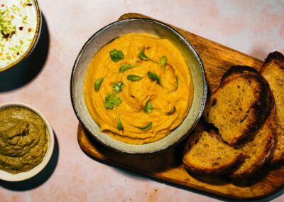 Curried Sweetpotato, Whipped Feta and Aubergine Dips