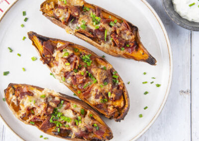 Crispy Sweetpotato Skins with Cheese and Bacon
