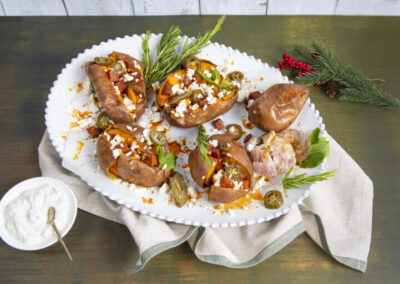 Souvlaki Sweetpotatoes with Feta and Chorizo