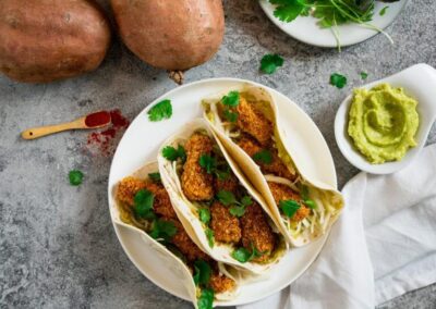 Crispy Sweetpotato Tacos with Avocado Cream