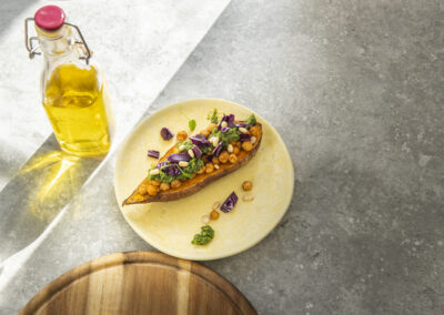 Baked Sweetpotatoes with Chickpeas & Broccoli Pesto