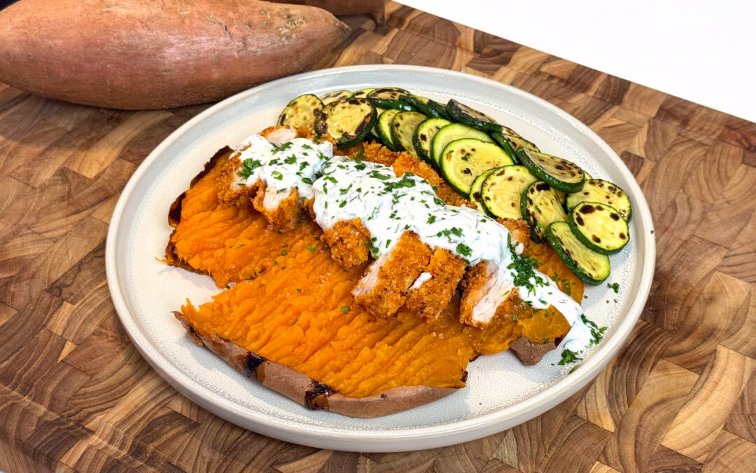 Stuffed Sweetpotato with Crispy Chicken & Roasted Garlic Yoghurt Sauce